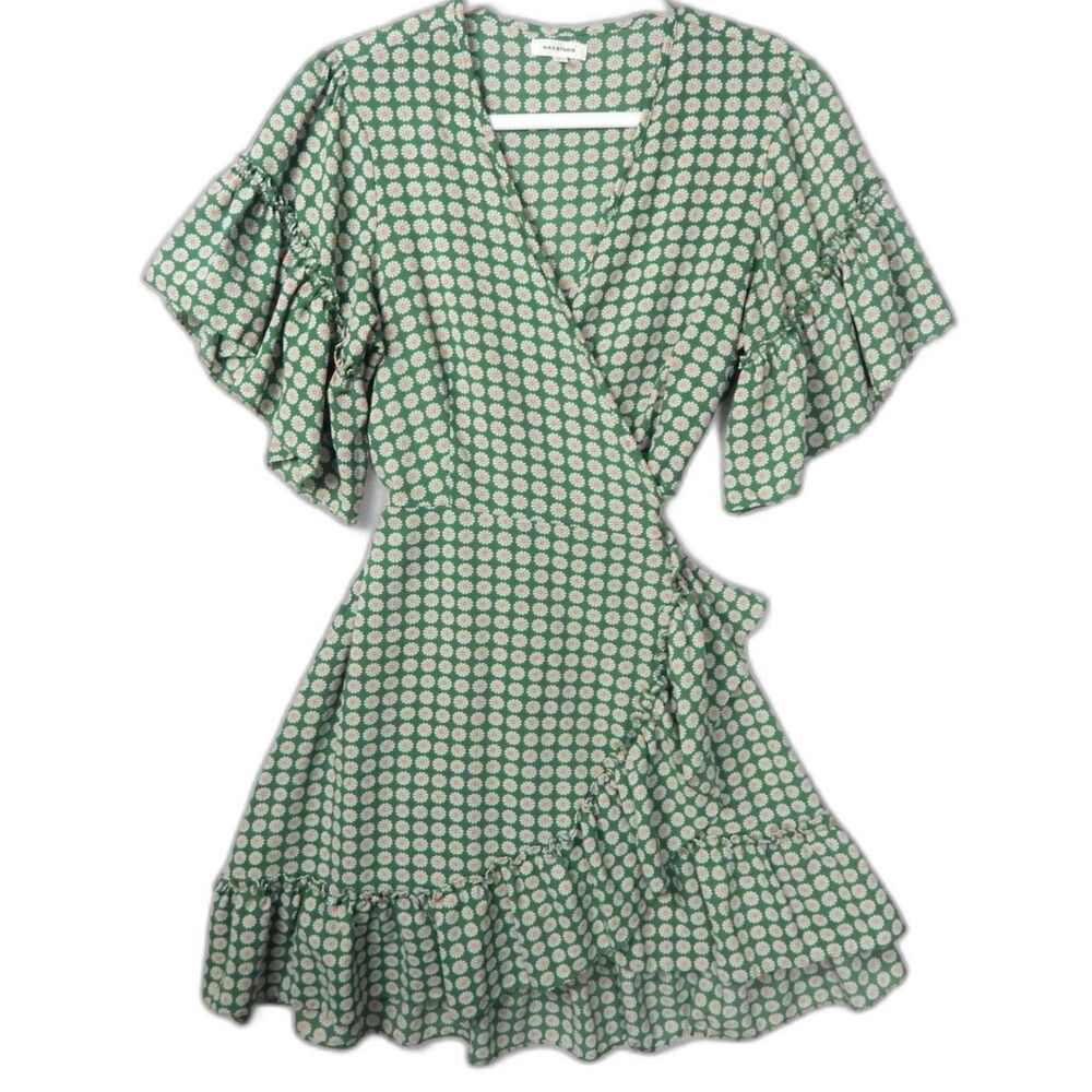 Max Studio Green Daisy Floral Ruffle Wrap Mini Dress Flutter Sleeve Cottagecore